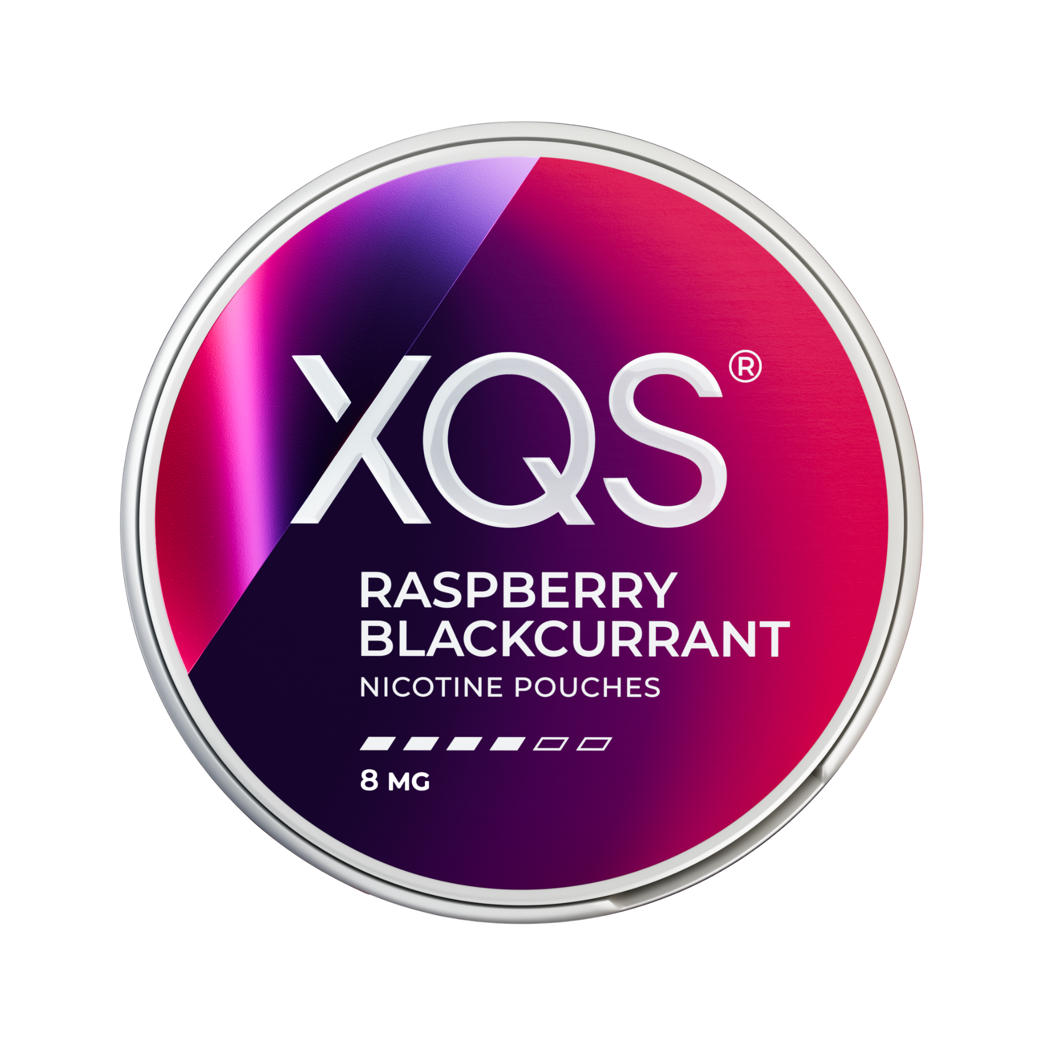 XQS Raspberry Blackcurrant nicotine pouch can – Slim moist, 8 mg, 20 pouches